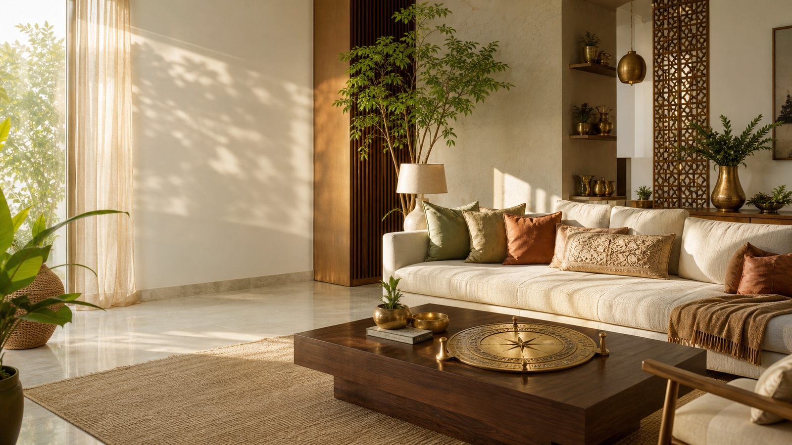 Premium peaceful home interior with balanced light, plants, brass decor, and Vastu-inspired harmony